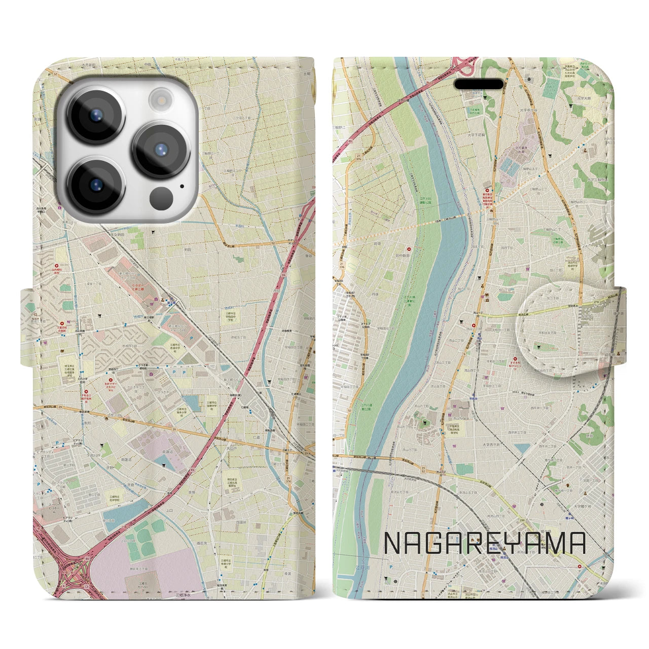 【流山(千葉県)】地図柄iPhoneケース(手帳タイプ)ナチュラル・iPhone 14 Pro 用