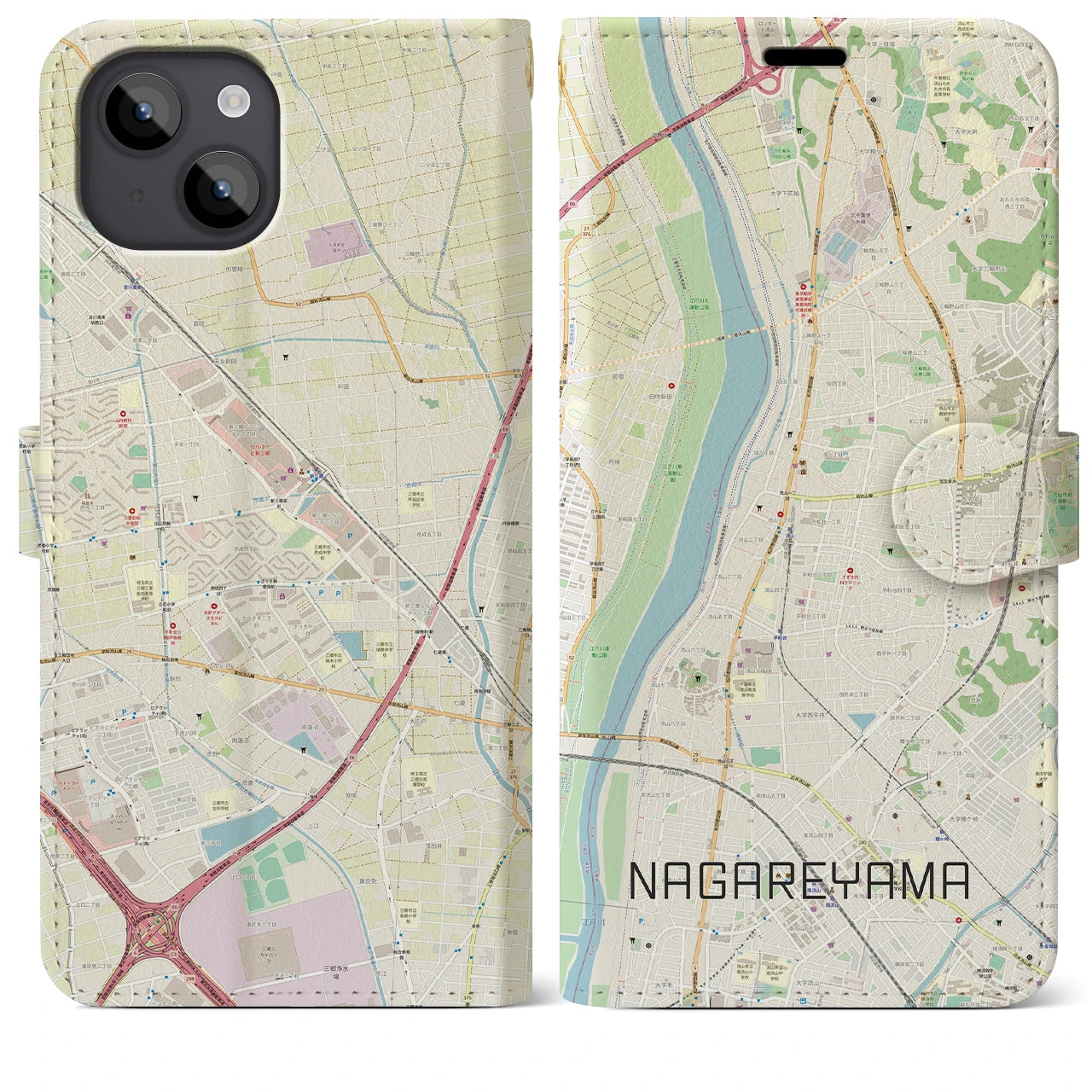 【流山(千葉県)】地図柄iPhoneケース(手帳タイプ)ナチュラル・iPhone 14 Plus 用