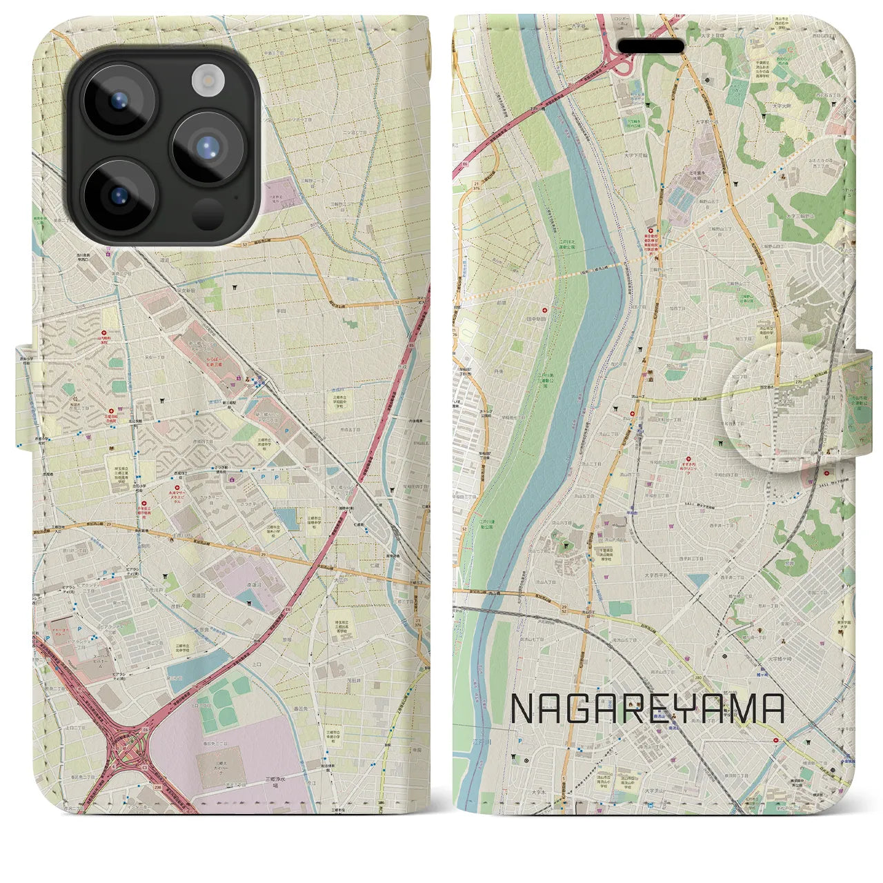 【流山(千葉県)】地図柄iPhoneケース(手帳タイプ)ナチュラル・iPhone 15 Pro Max 用