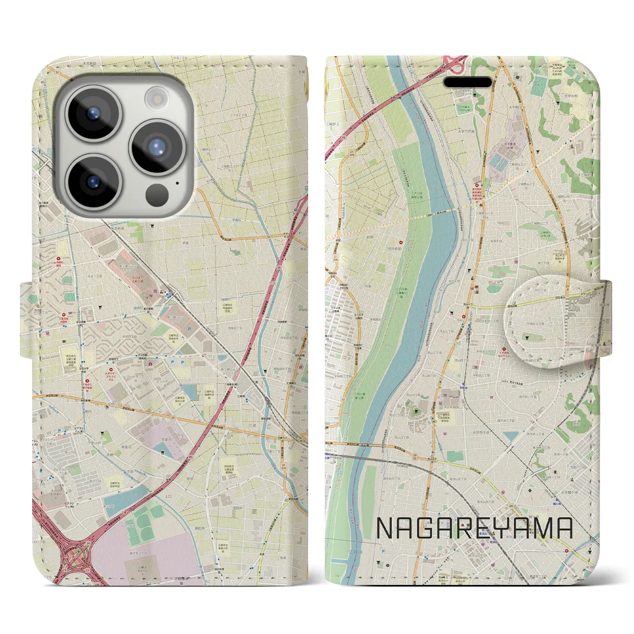 【流山(千葉県)】地図柄iPhoneケース(手帳タイプ)ナチュラル・iPhone 15 Pro 用