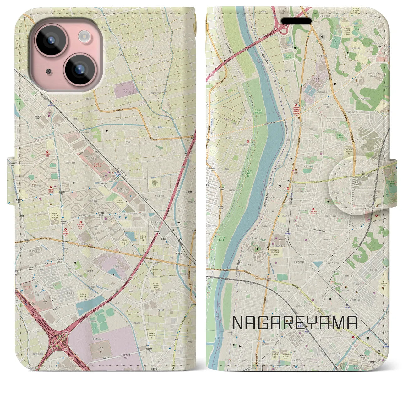 【流山(千葉県)】地図柄iPhoneケース(手帳タイプ)ナチュラル・iPhone 15 Plus 用