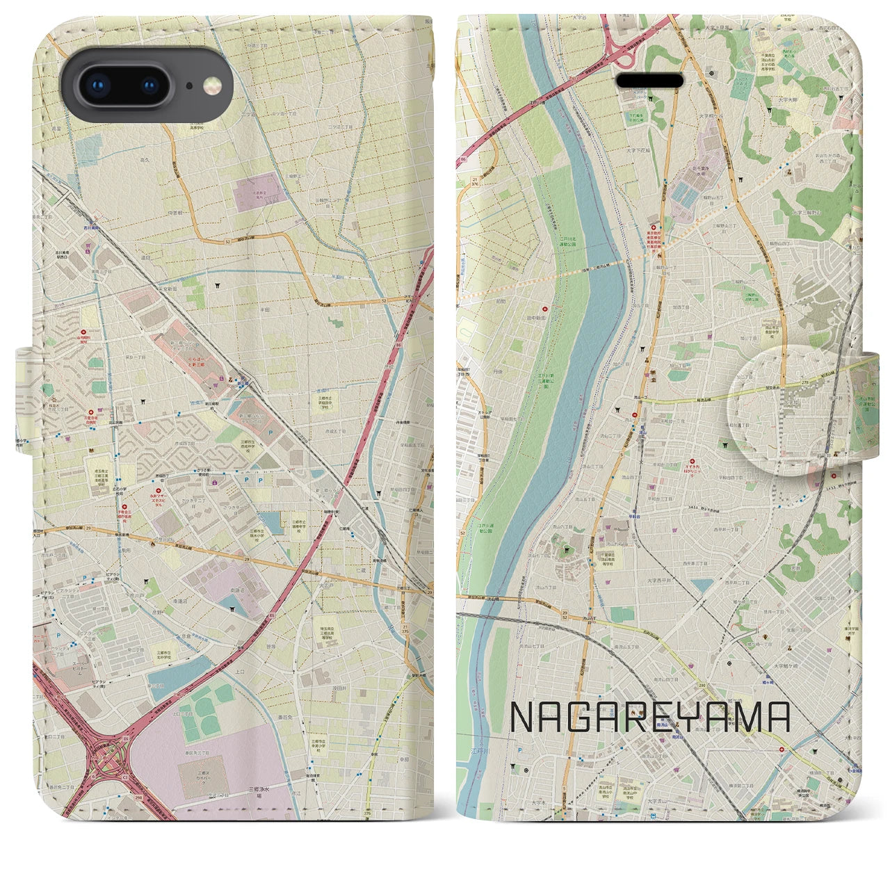 【流山(千葉県)】地図柄iPhoneケース(手帳タイプ)ナチュラル・iPhone 8Plus /7Plus / 6sPlus / 6Plus 用