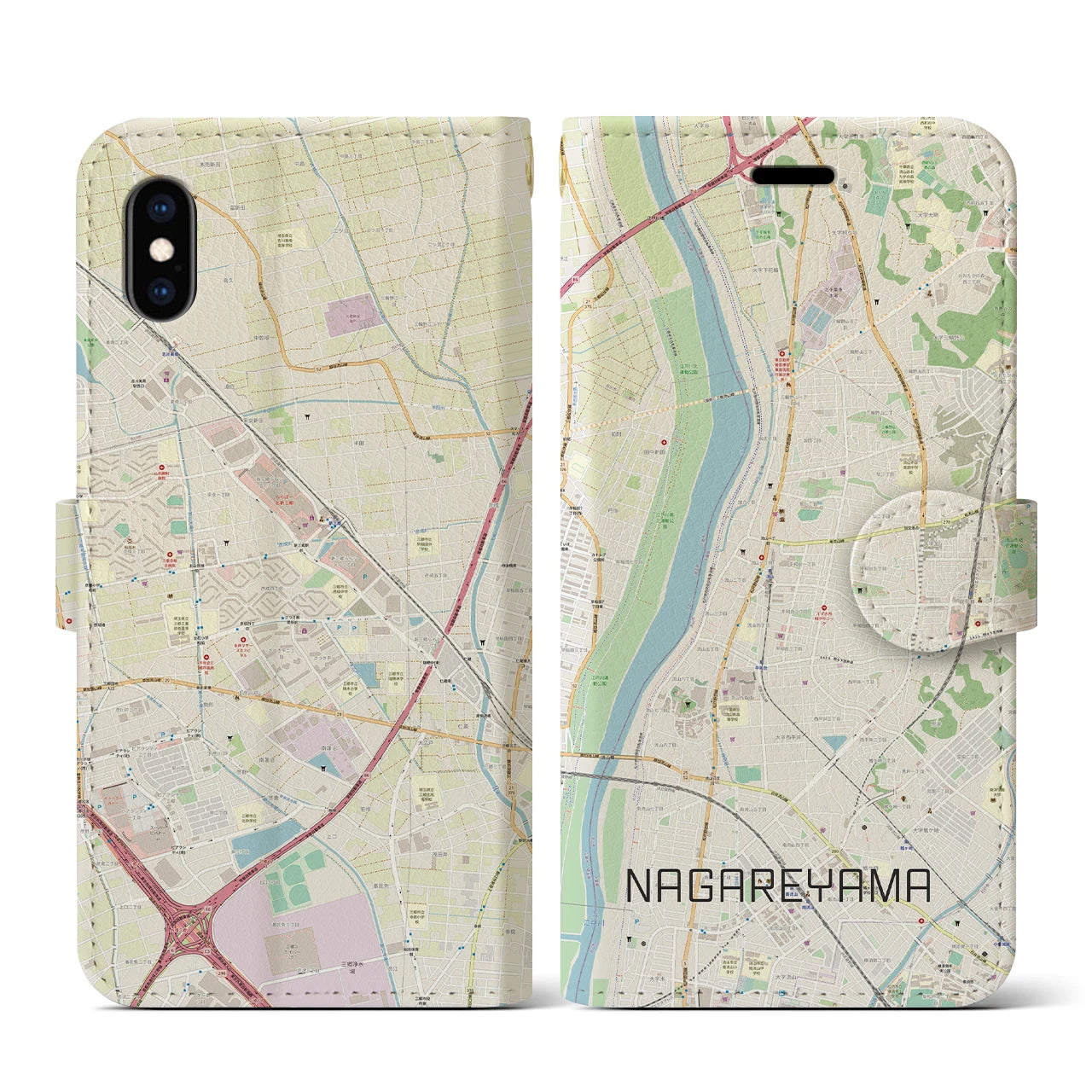 【流山(千葉県)】地図柄iPhoneケース(手帳タイプ)ナチュラル・iPhone XS / X 用
