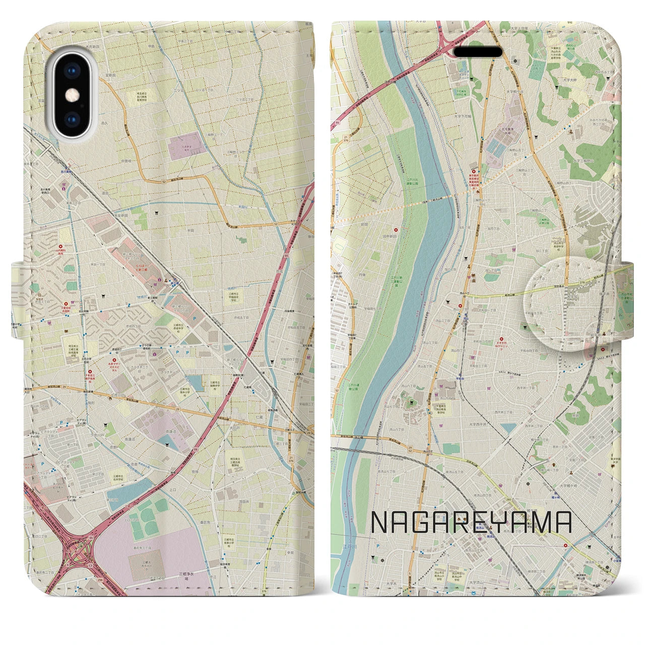 【流山(千葉県)】地図柄iPhoneケース(手帳タイプ)ナチュラル・iPhone XS Max 用