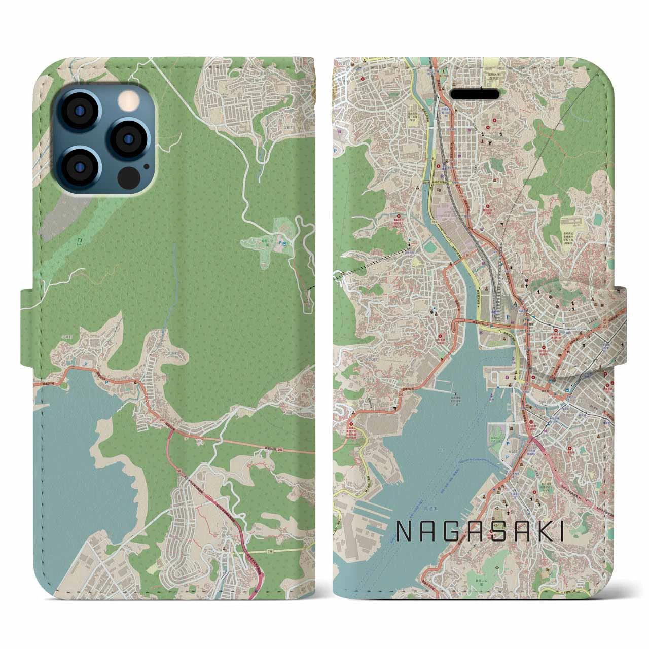 【長崎(長崎県)】地図柄iPhoneケース(手帳タイプ)ナチュラル・iPhone 12 / 12 Pro 用