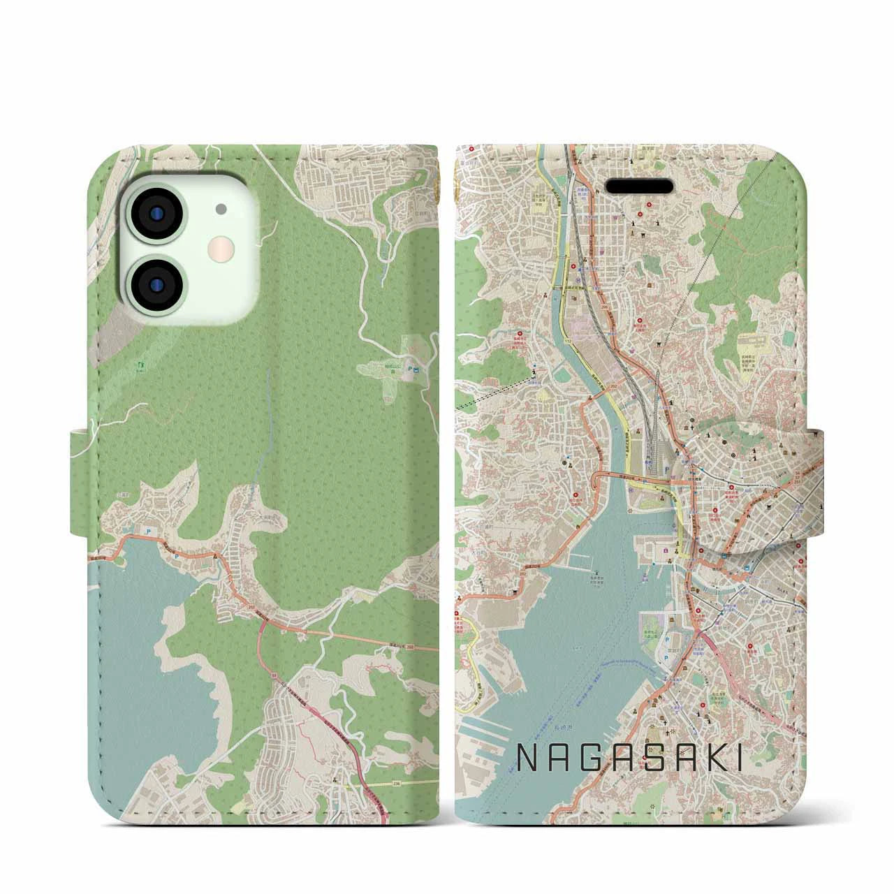 【長崎(長崎県)】地図柄iPhoneケース(手帳タイプ)ナチュラル・iPhone 12 mini 用
