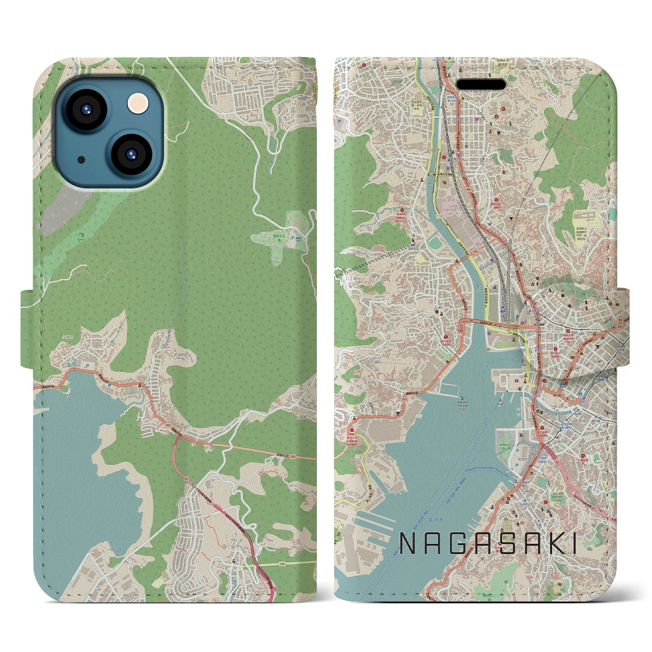 【長崎(長崎県)】地図柄iPhoneケース(手帳タイプ)ナチュラル・iPhone 13 用