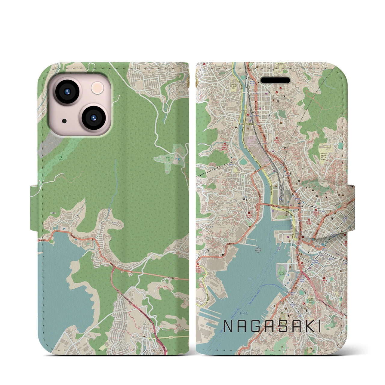 【長崎(長崎県)】地図柄iPhoneケース(手帳タイプ)ナチュラル・iPhone 13 mini 用