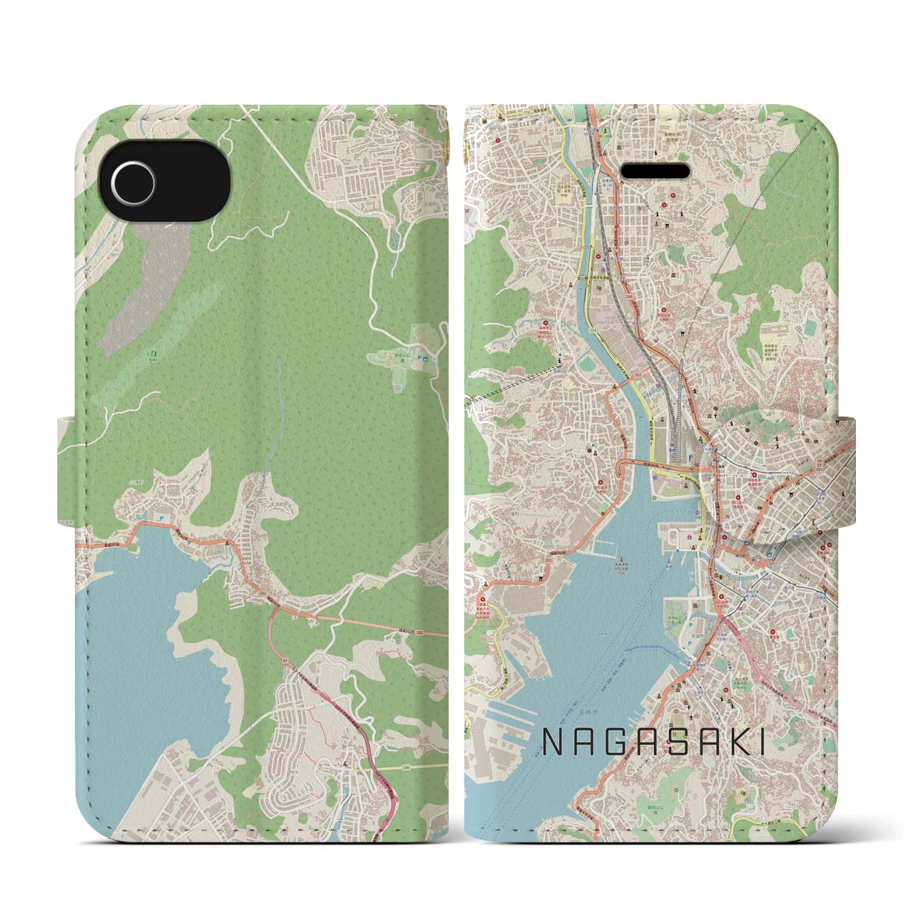 【長崎(長崎県)】地図柄iPhoneケース(手帳タイプ)ナチュラル・iPhone SE(第3 / 第2世代) / 8 / 7 / 6s / 6 用
