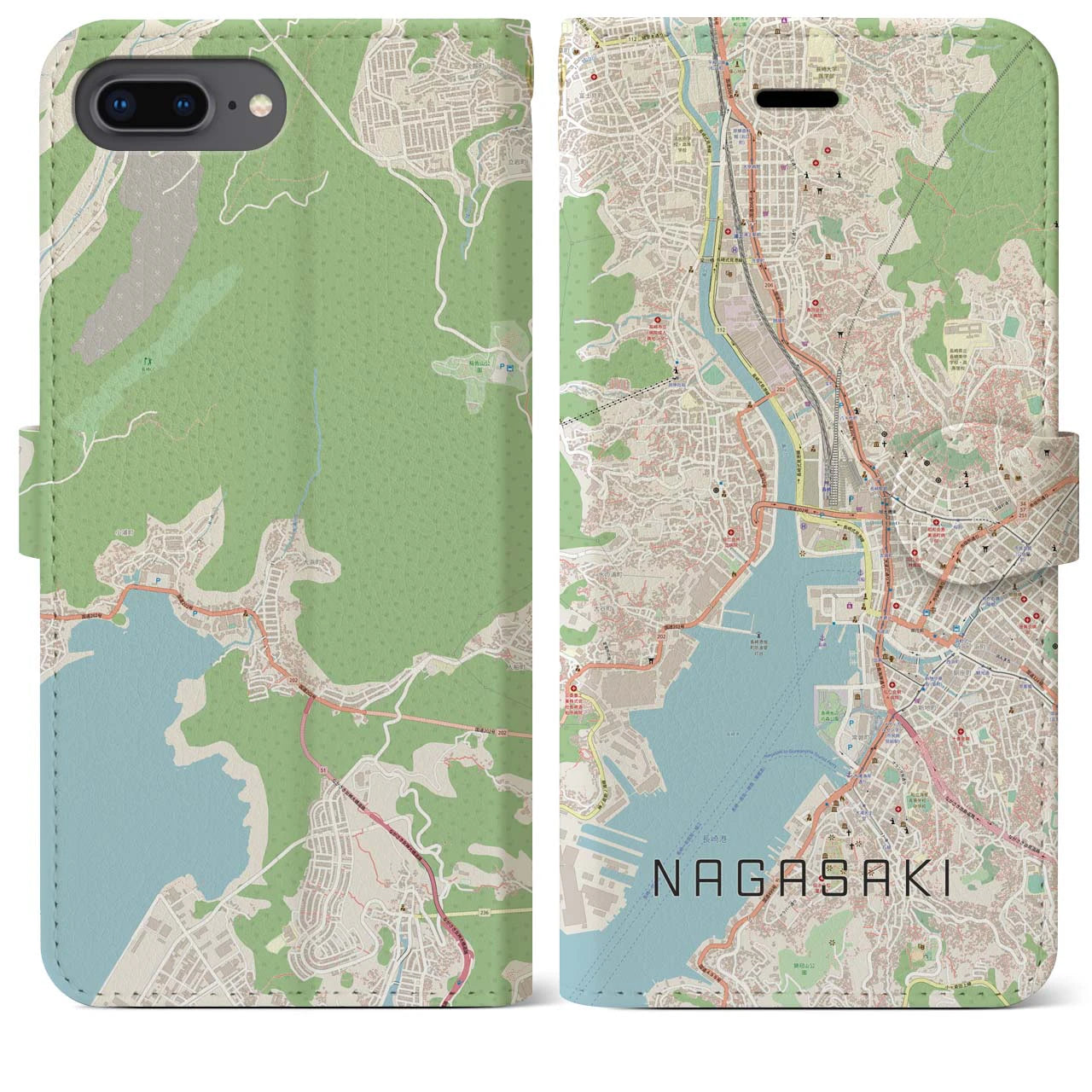 【長崎(長崎県)】地図柄iPhoneケース(手帳タイプ)ナチュラル・iPhone 8Plus /7Plus / 6sPlus / 6Plus 用
