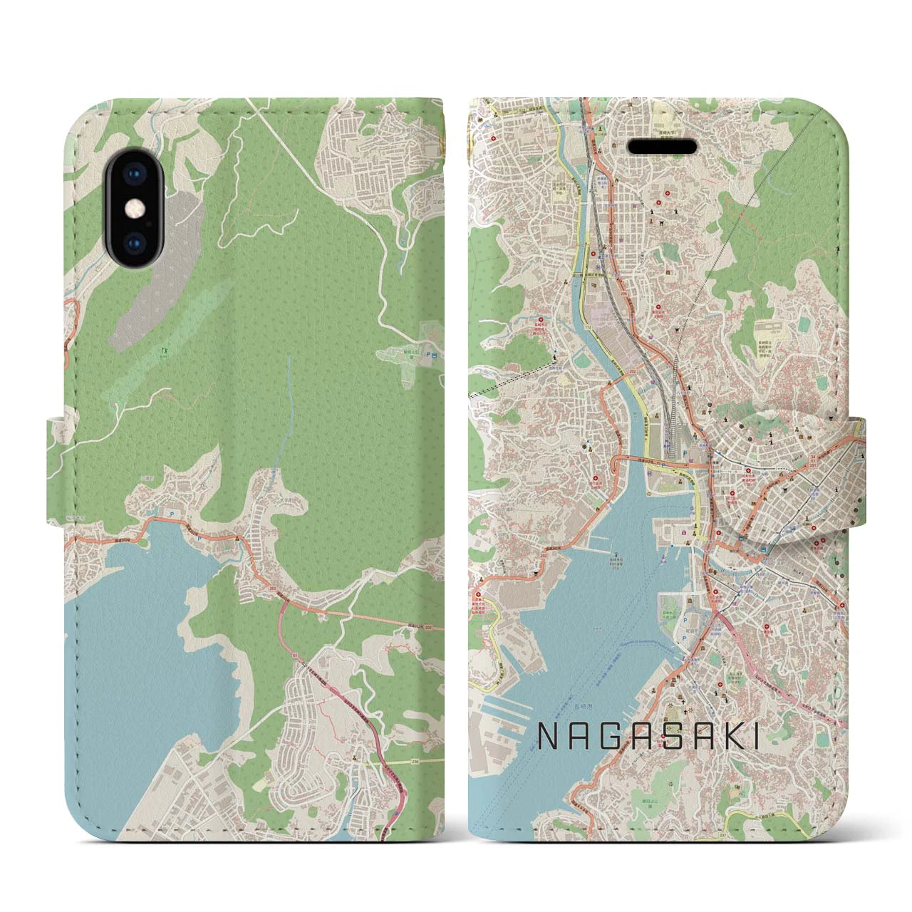 【長崎(長崎県)】地図柄iPhoneケース(手帳タイプ)ナチュラル・iPhone XS / X 用