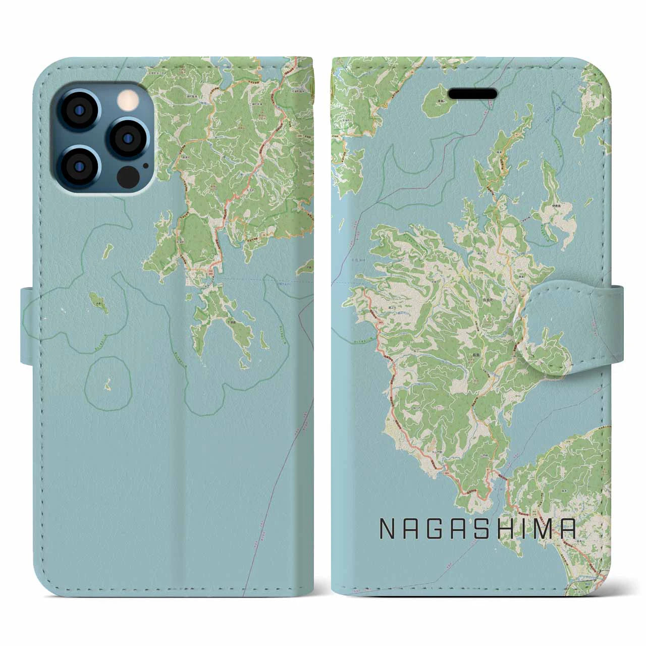 【長島(鹿児島県)】地図柄iPhoneケース(手帳タイプ)ナチュラル・iPhone 12 / 12 Pro 用