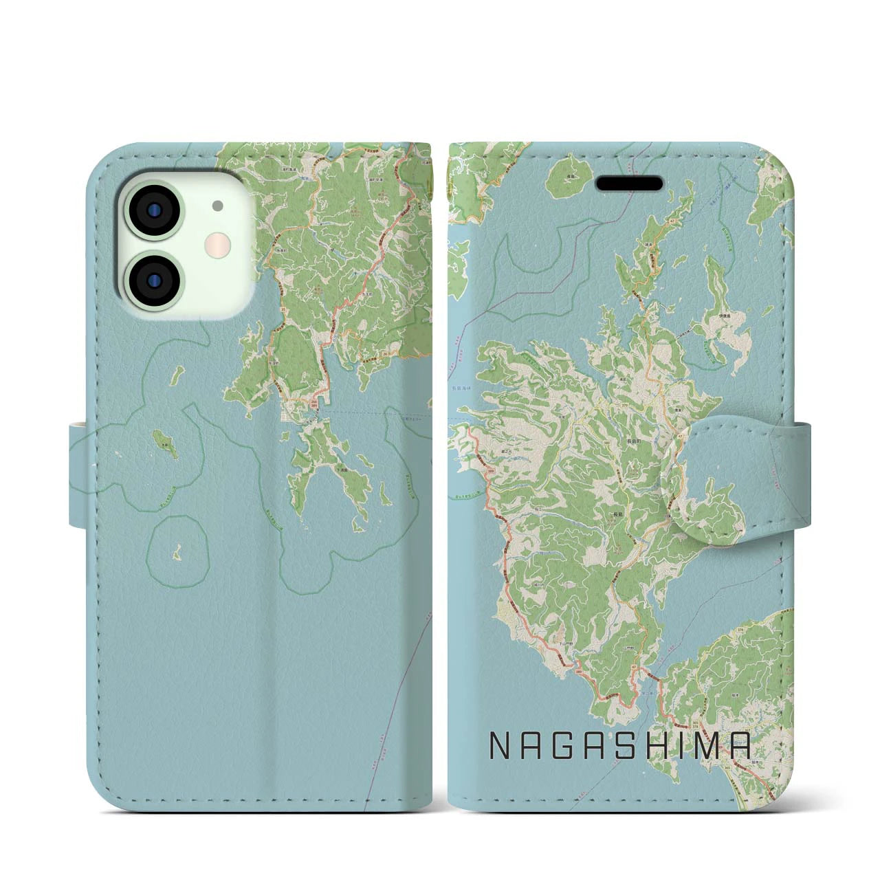 【長島(鹿児島県)】地図柄iPhoneケース(手帳タイプ)ナチュラル・iPhone 12 mini 用