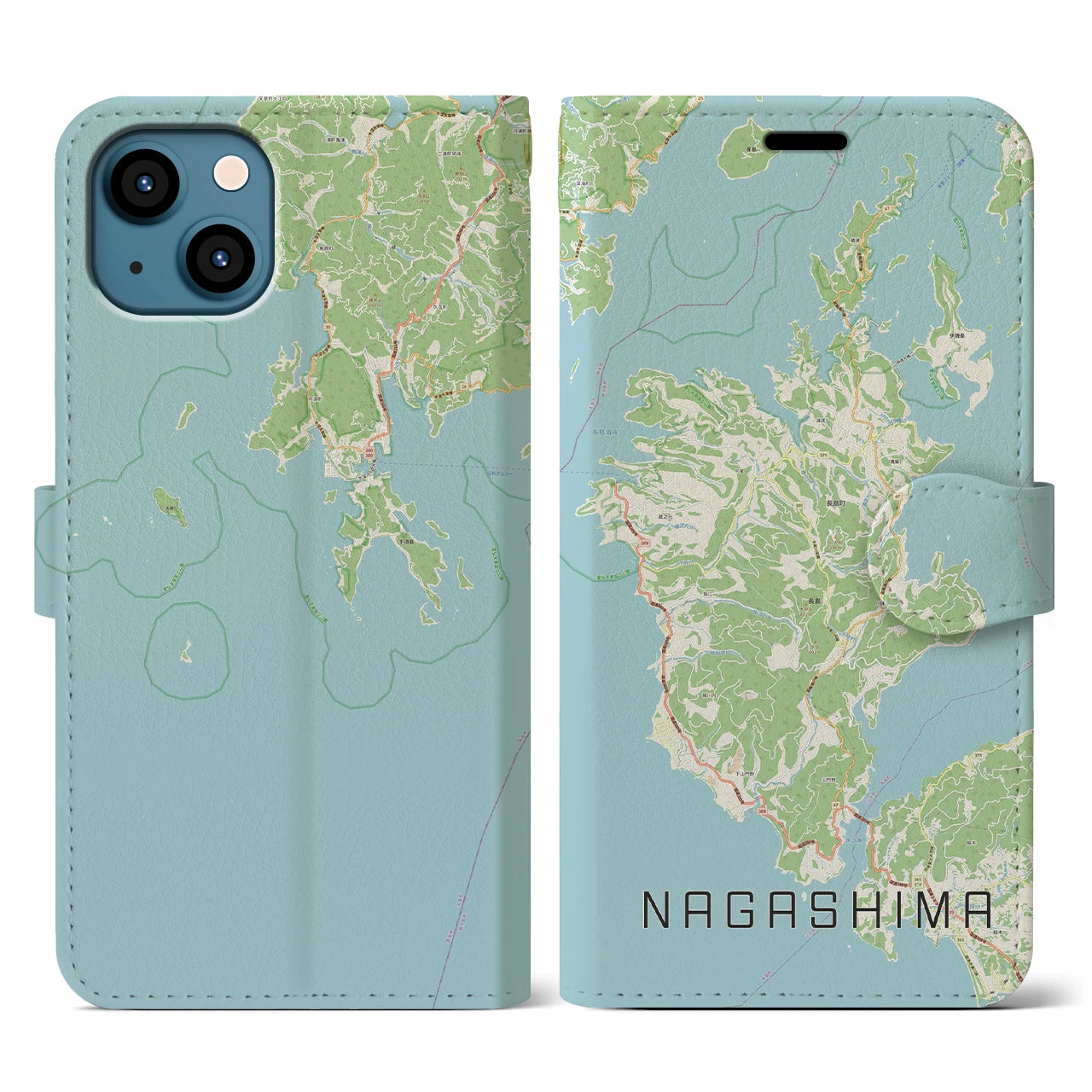【長島(鹿児島県)】地図柄iPhoneケース(手帳タイプ)ナチュラル・iPhone 13 用
