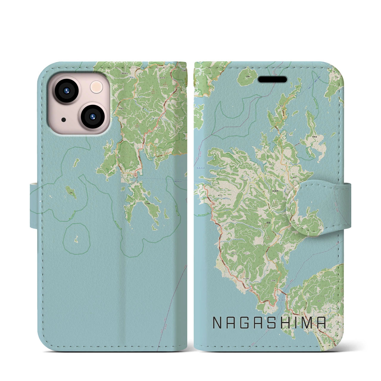 【長島(鹿児島県)】地図柄iPhoneケース(手帳タイプ)ナチュラル・iPhone 13 mini 用