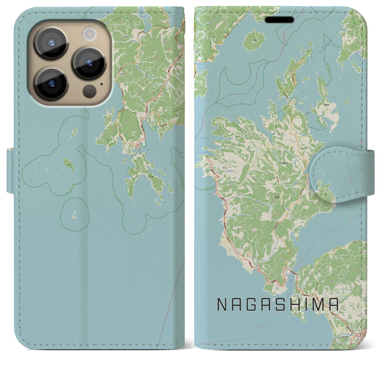 【長島(鹿児島県)】地図柄iPhoneケース(手帳タイプ)ナチュラル・iPhone 14 Pro Max 用