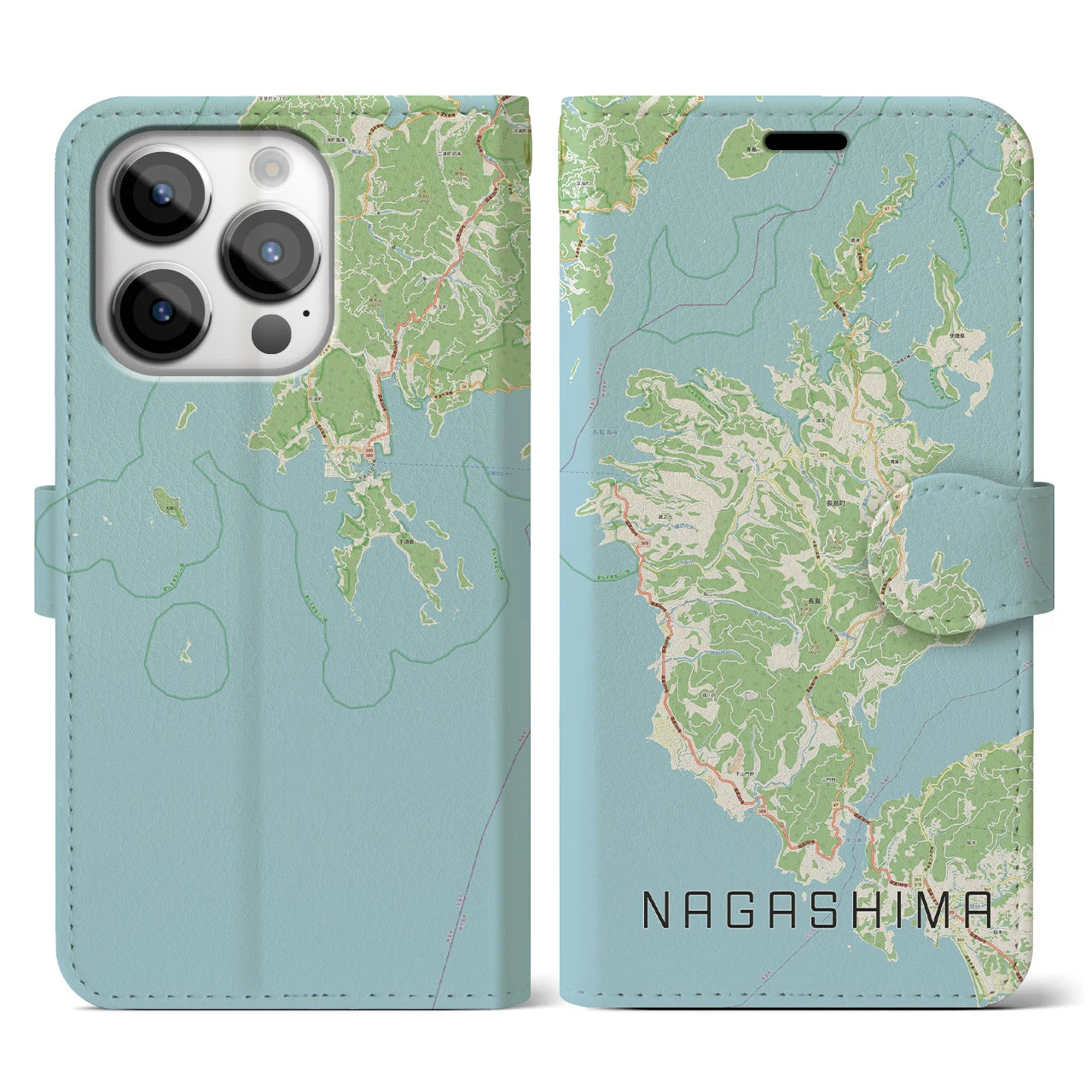 【長島(鹿児島県)】地図柄iPhoneケース(手帳タイプ)ナチュラル・iPhone 14 Pro 用