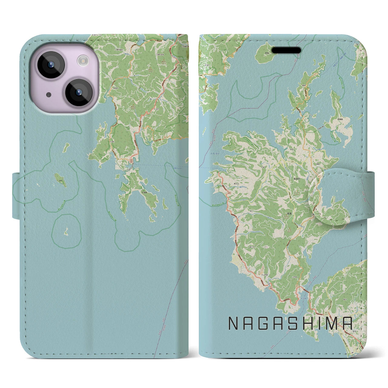 【長島(鹿児島県)】地図柄iPhoneケース(手帳タイプ)ナチュラル・iPhone 14 用