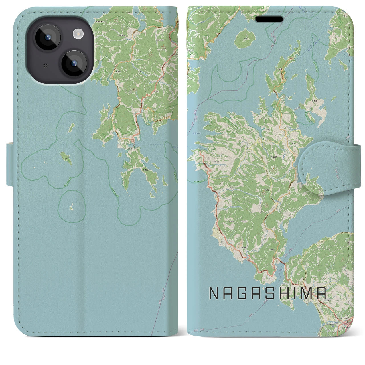 【長島(鹿児島県)】地図柄iPhoneケース(手帳タイプ)ナチュラル・iPhone 14 Plus 用