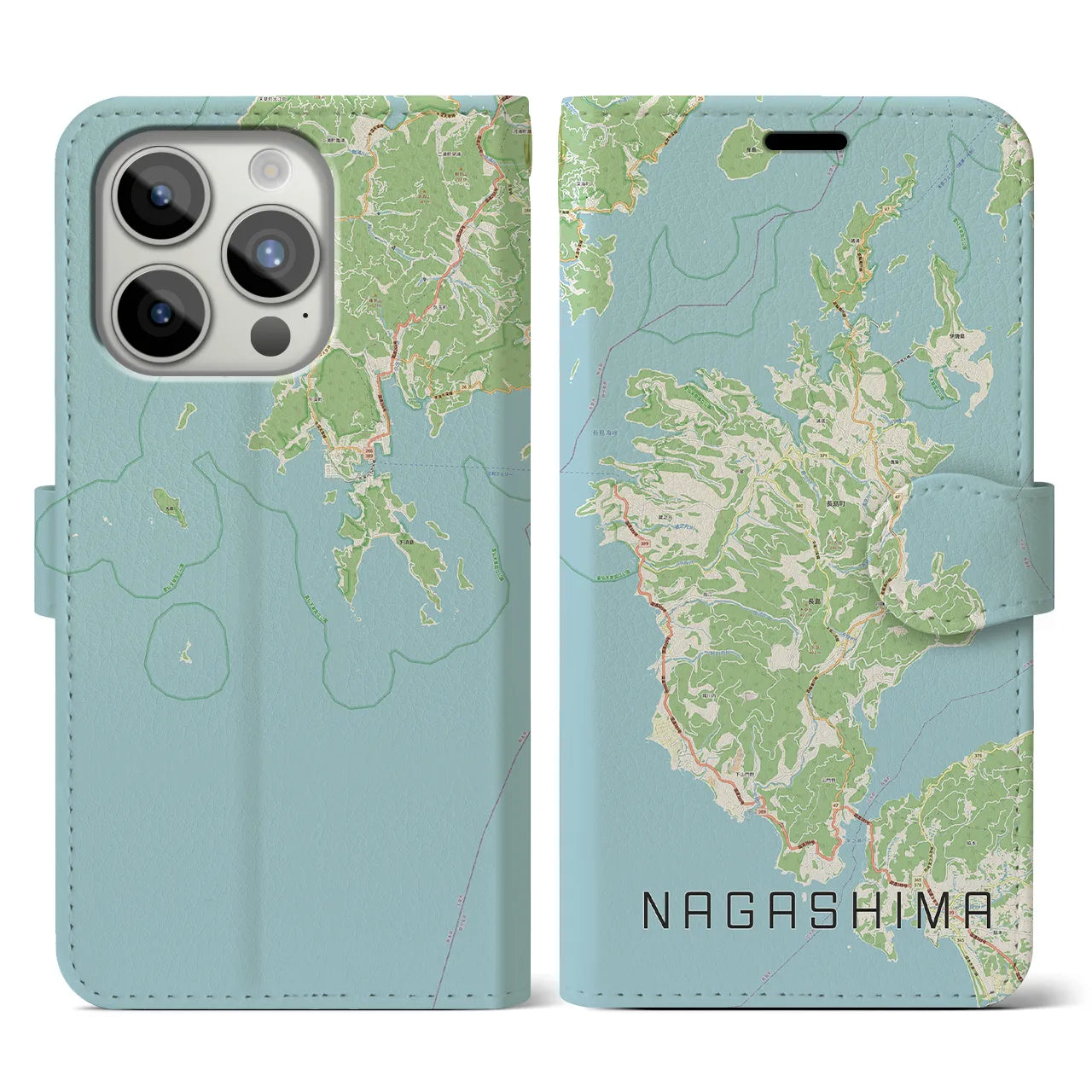 【長島(鹿児島県)】地図柄iPhoneケース(手帳タイプ)ナチュラル・iPhone 15 Pro 用
