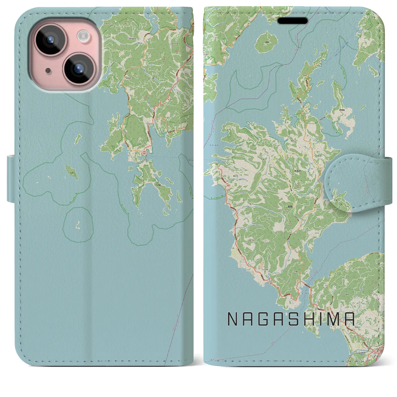 【長島(鹿児島県)】地図柄iPhoneケース(手帳タイプ)ナチュラル・iPhone 15 Plus 用