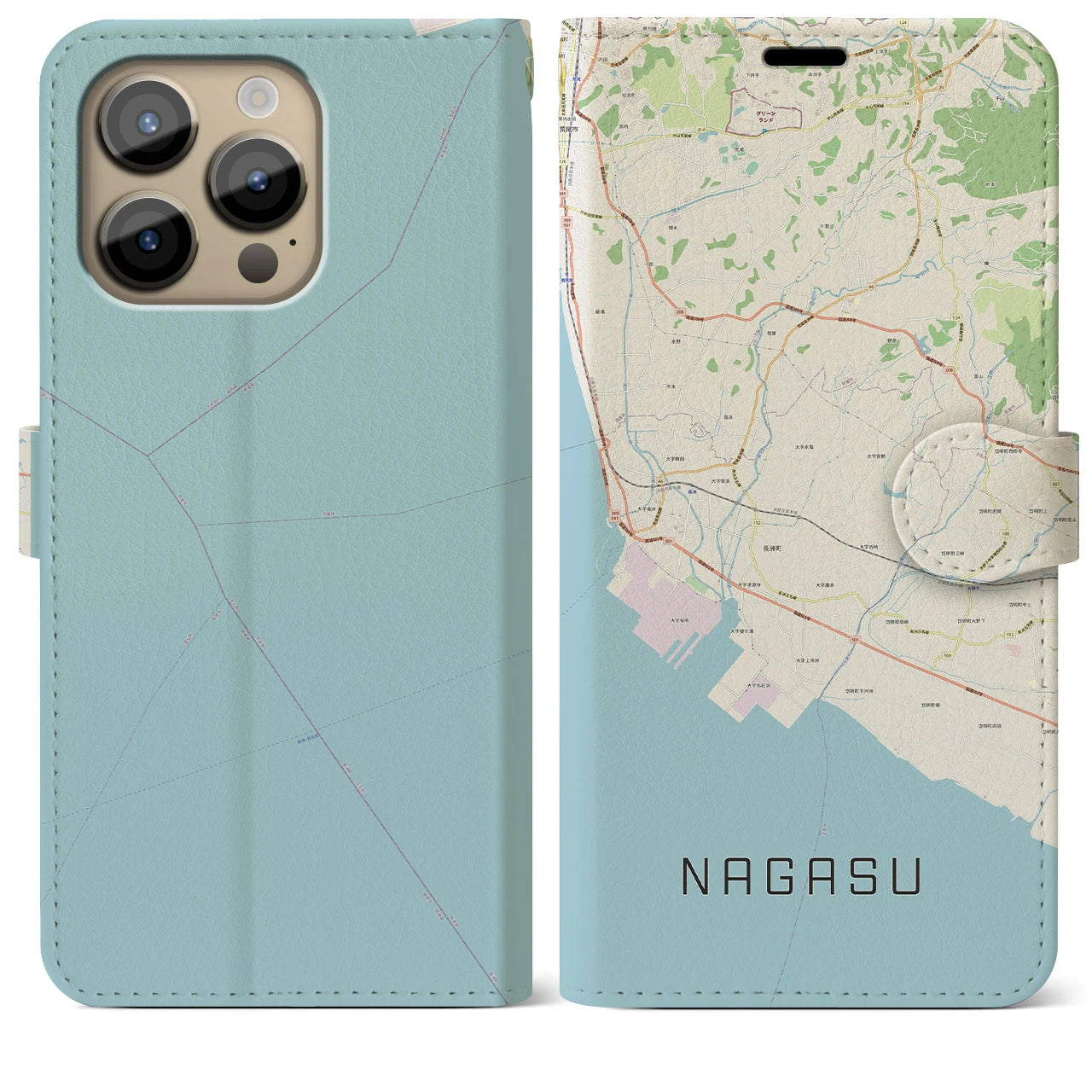 【長洲(熊本県)】地図柄iPhoneケース(手帳タイプ)ナチュラル・iPhone 14 Pro Max 用