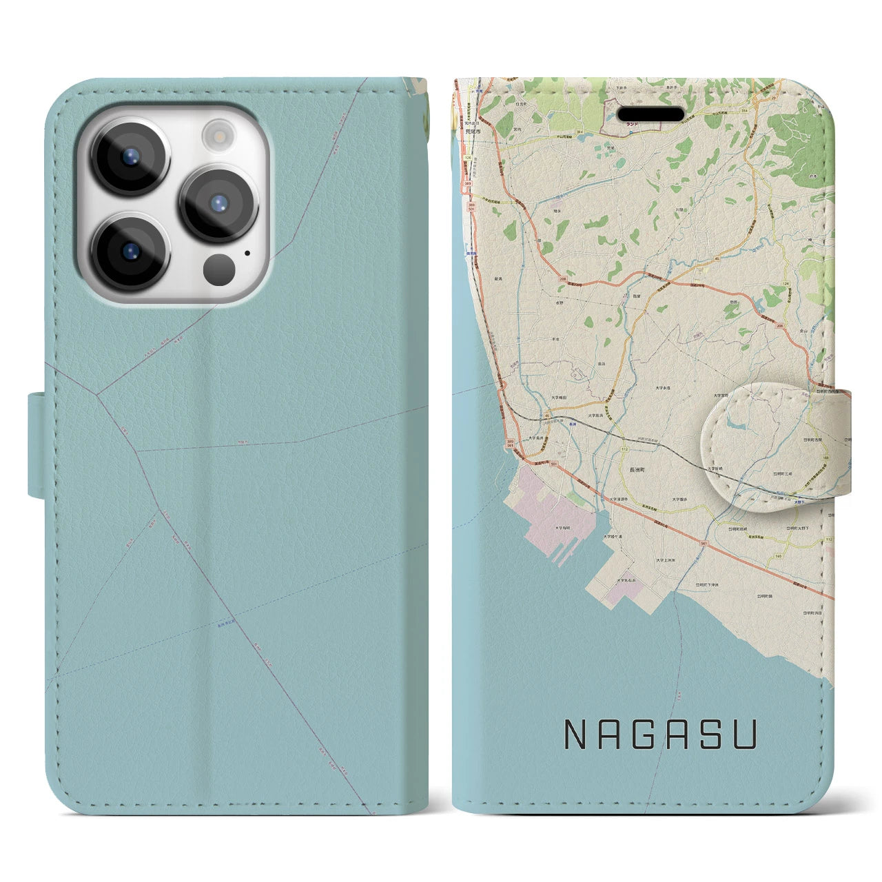 【長洲(熊本県)】地図柄iPhoneケース(手帳タイプ)ナチュラル・iPhone 14 Pro 用