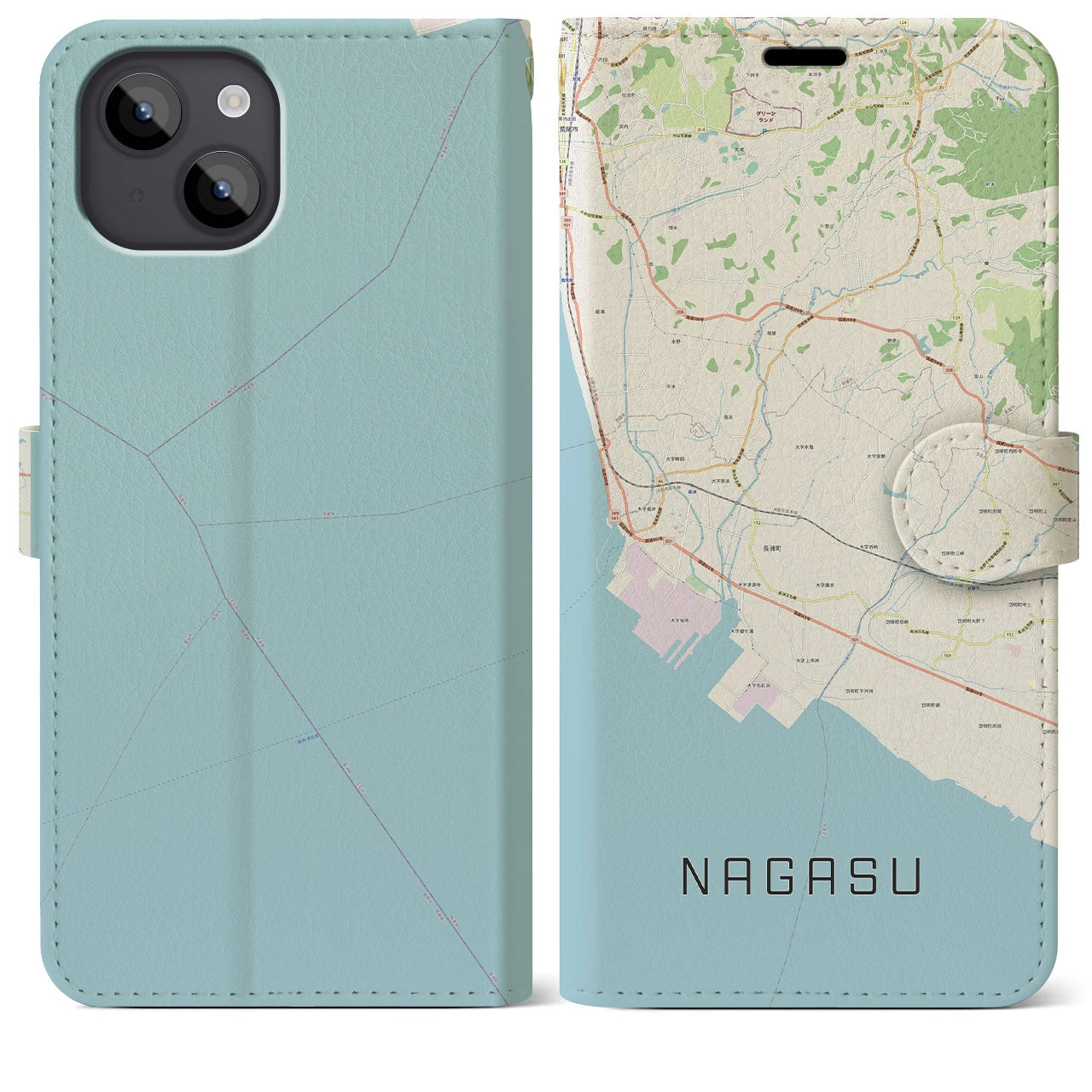 【長洲(熊本県)】地図柄iPhoneケース(手帳タイプ)ナチュラル・iPhone 14 Plus 用