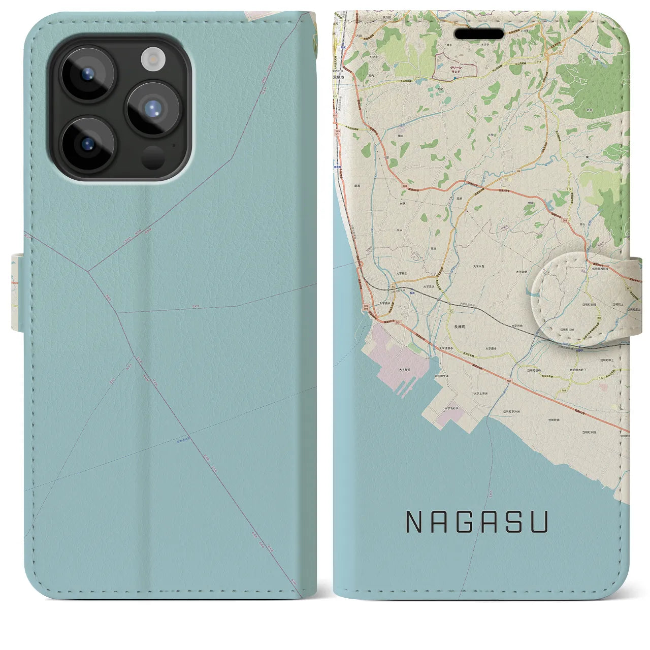 【長洲(熊本県)】地図柄iPhoneケース(手帳タイプ)ナチュラル・iPhone 15 Pro Max 用