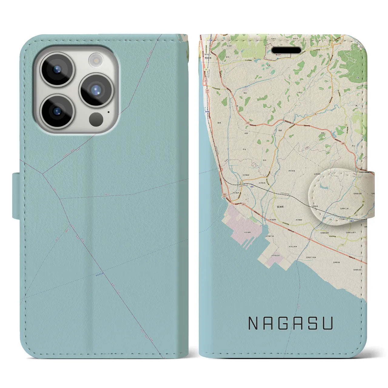 【長洲(熊本県)】地図柄iPhoneケース(手帳タイプ)ナチュラル・iPhone 15 Pro 用