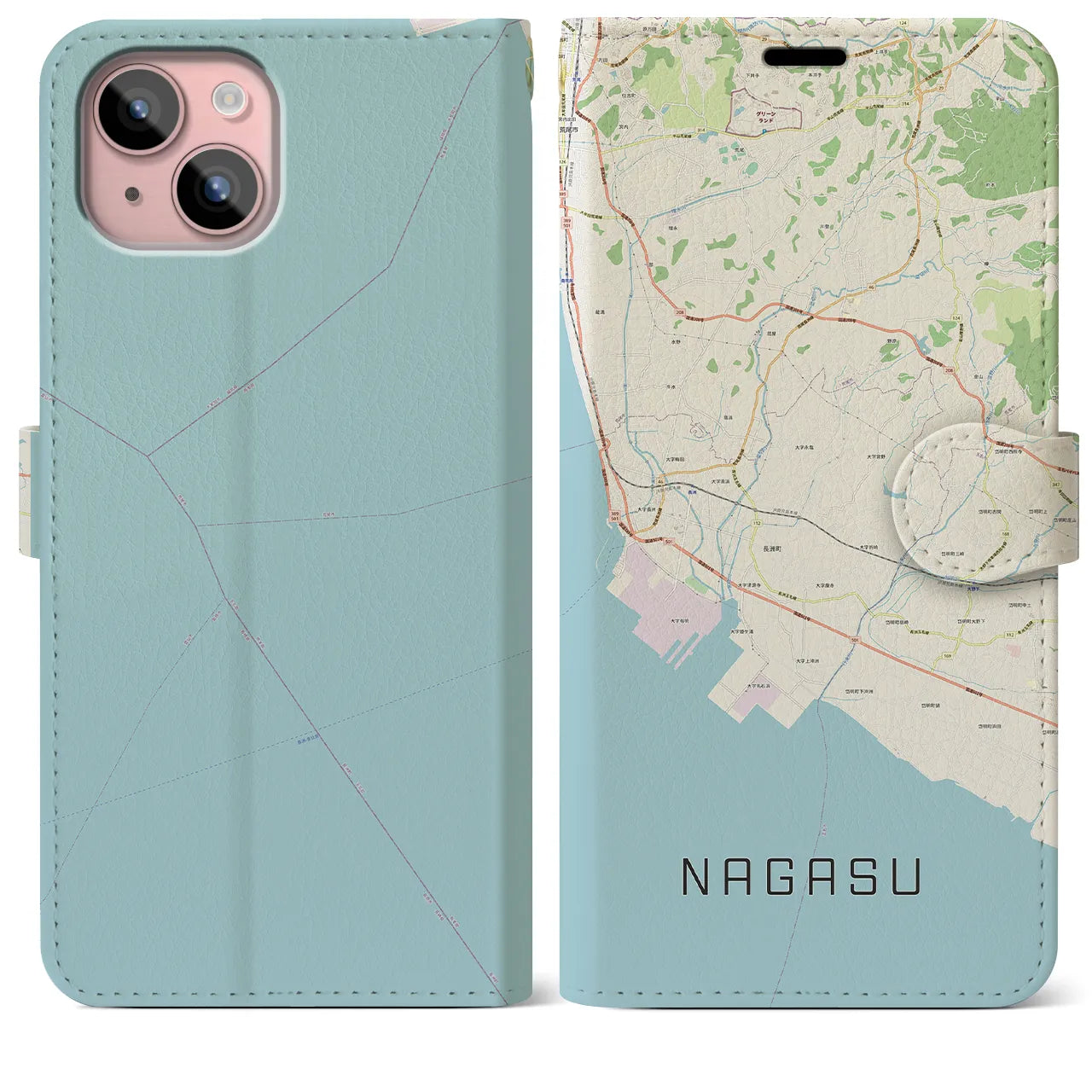 【長洲(熊本県)】地図柄iPhoneケース(手帳タイプ)ナチュラル・iPhone 15 Plus 用