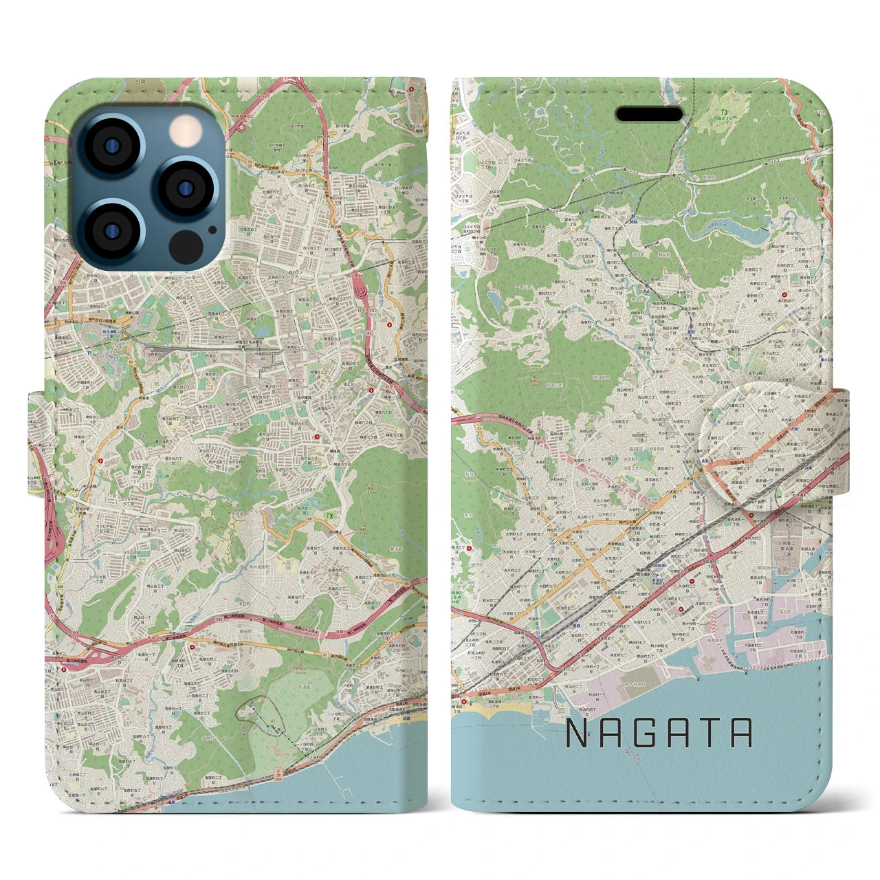 【長田(兵庫県)】地図柄iPhoneケース(手帳タイプ)ナチュラル・iPhone 12 / 12 Pro 用