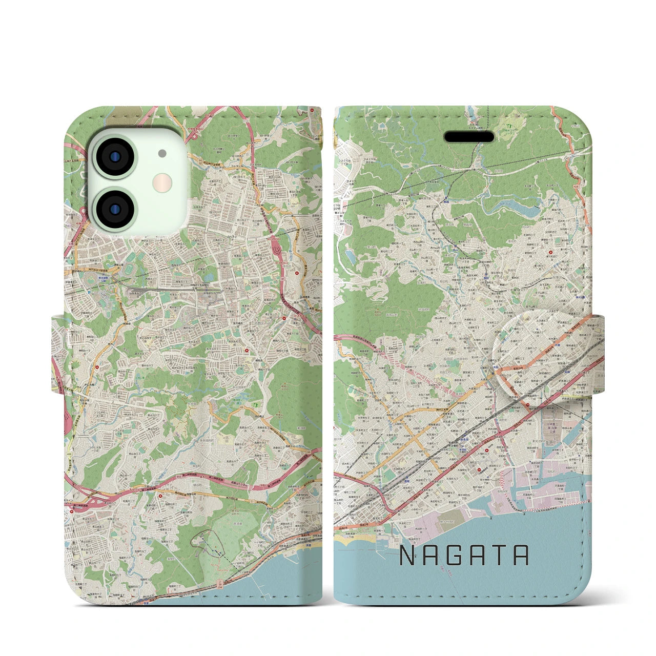 【長田(兵庫県)】地図柄iPhoneケース(手帳タイプ)ナチュラル・iPhone 12 mini 用