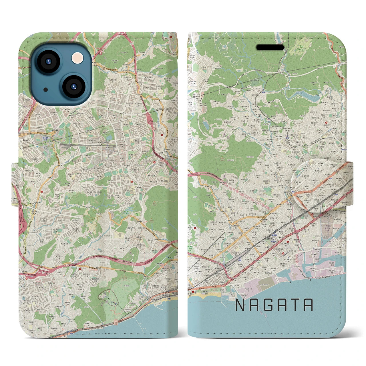 【長田(兵庫県)】地図柄iPhoneケース(手帳タイプ)ナチュラル・iPhone 13 用
