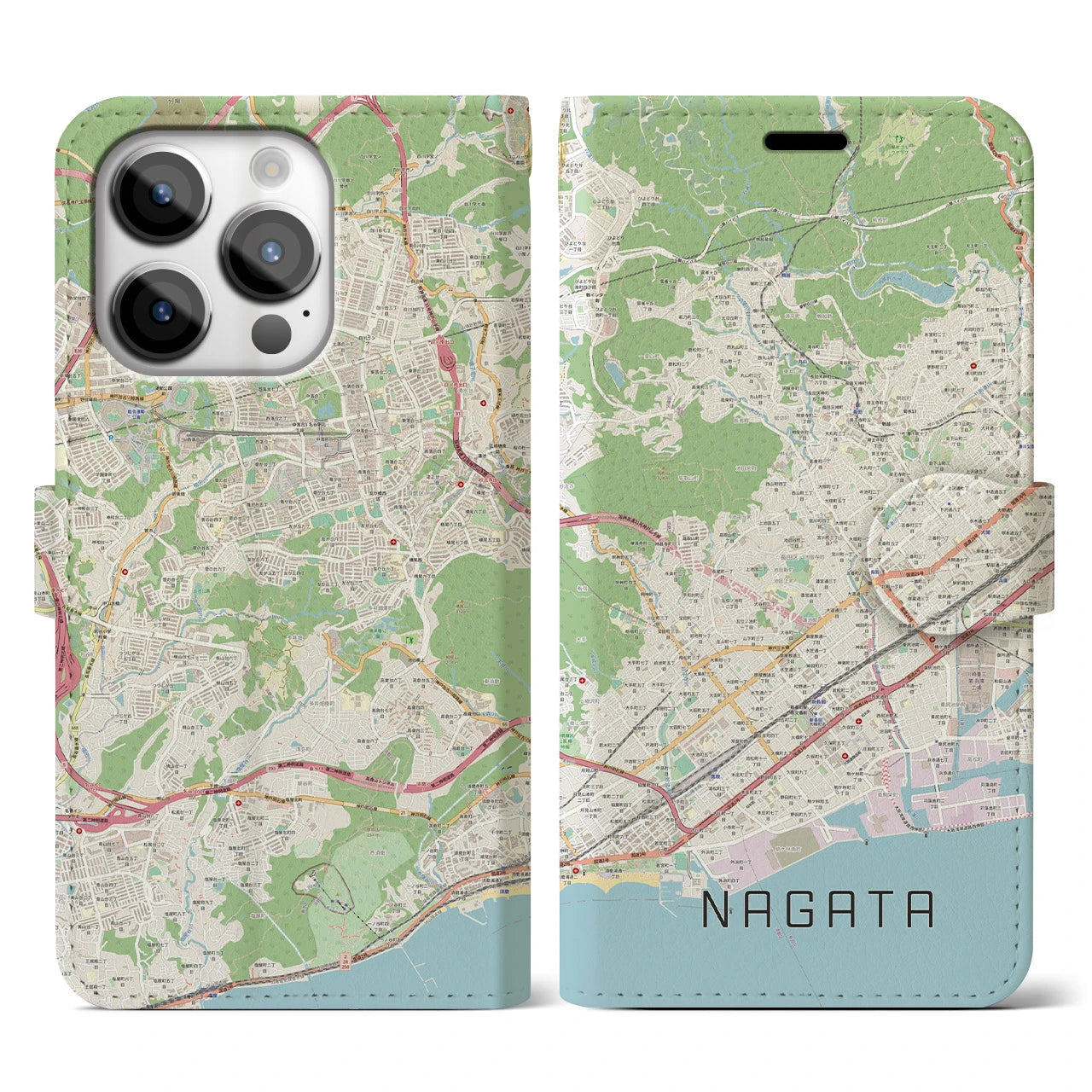 【長田(兵庫県)】地図柄iPhoneケース(手帳タイプ)ナチュラル・iPhone 14 Pro 用