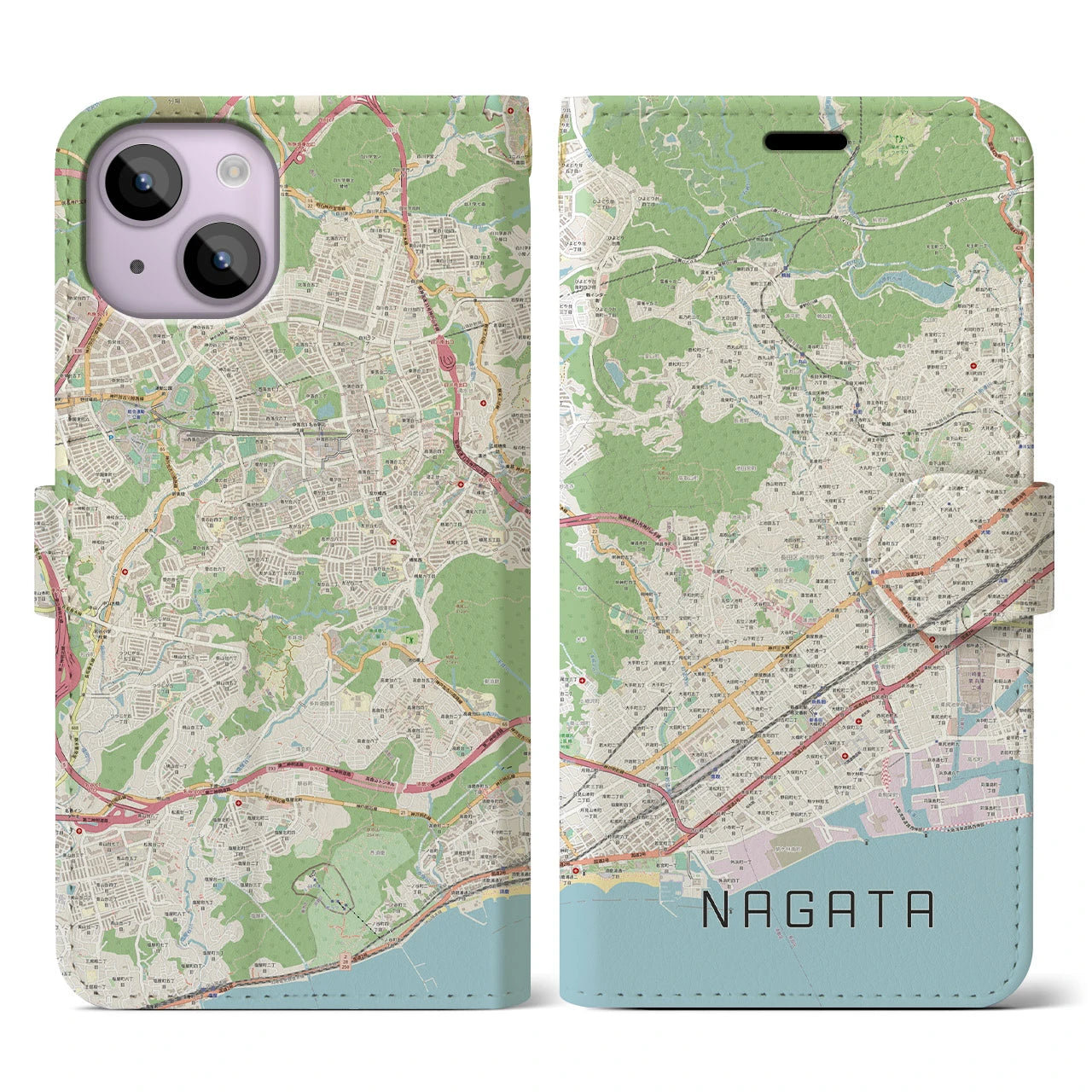 【長田(兵庫県)】地図柄iPhoneケース(手帳タイプ)ナチュラル・iPhone 14 用