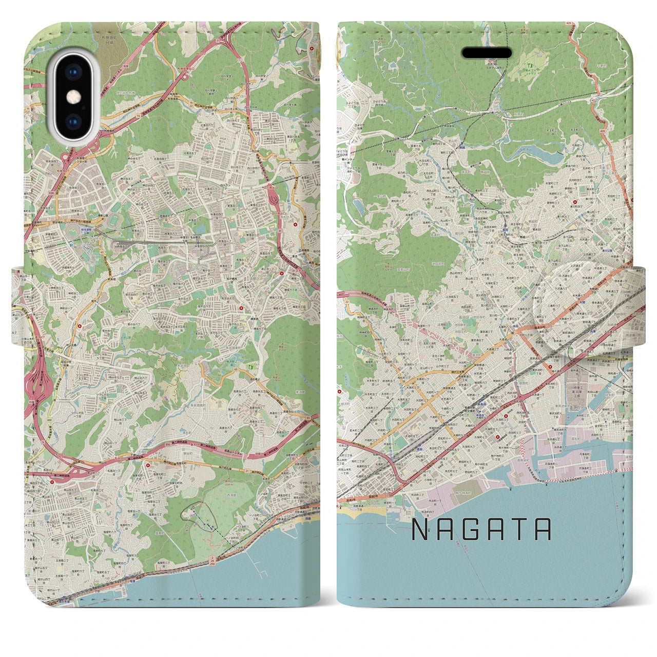 【長田(兵庫県)】地図柄iPhoneケース(手帳タイプ)ナチュラル・iPhone XS Max 用