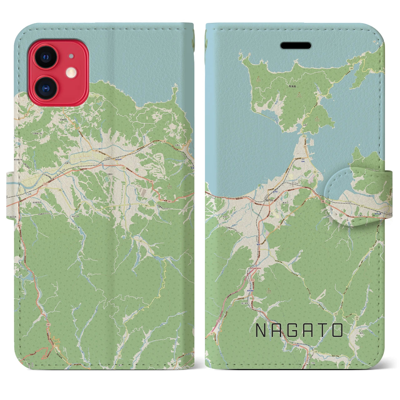 【長門(山口県)】地図柄iPhoneケース(手帳タイプ)ナチュラル・iPhone 11 用
