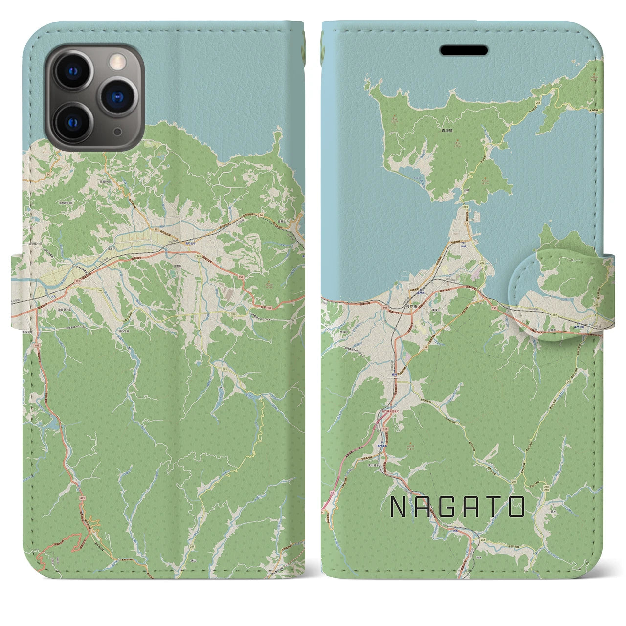 【長門(山口県)】地図柄iPhoneケース(手帳タイプ)ナチュラル・iPhone 11 Pro Max 用