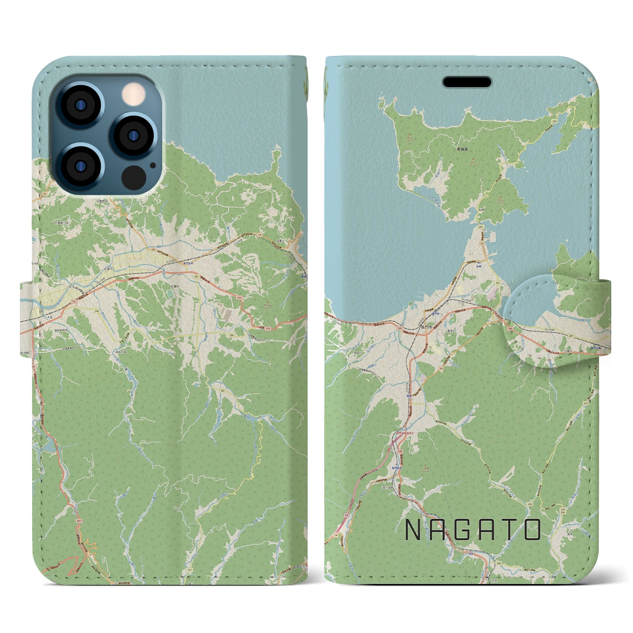 【長門(山口県)】地図柄iPhoneケース(手帳タイプ)ナチュラル・iPhone 12 / 12 Pro 用