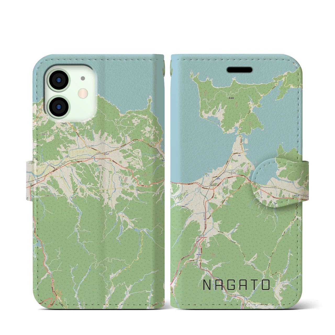 【長門(山口県)】地図柄iPhoneケース(手帳タイプ)ナチュラル・iPhone 12 mini 用