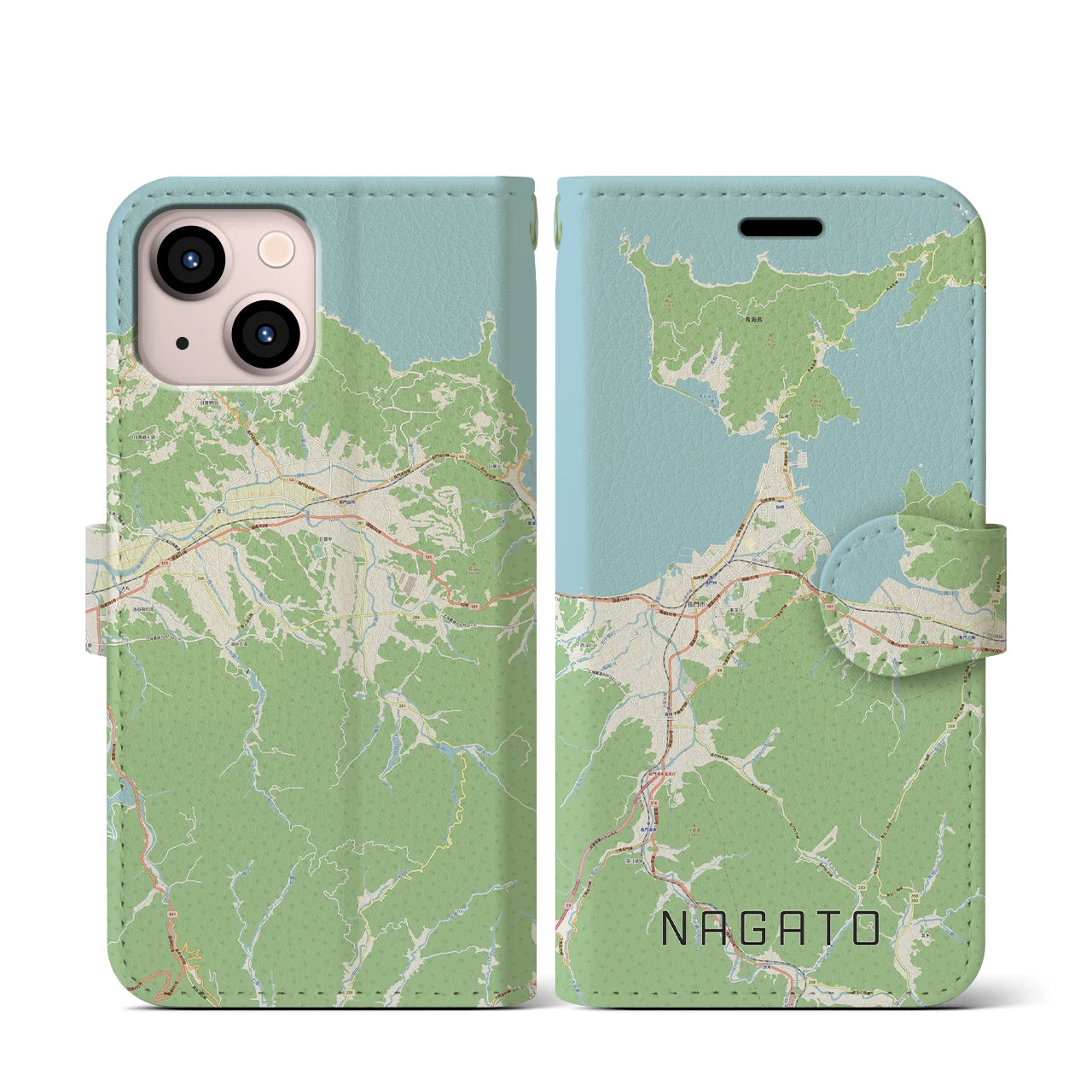 【長門(山口県)】地図柄iPhoneケース(手帳タイプ)ナチュラル・iPhone 13 mini 用