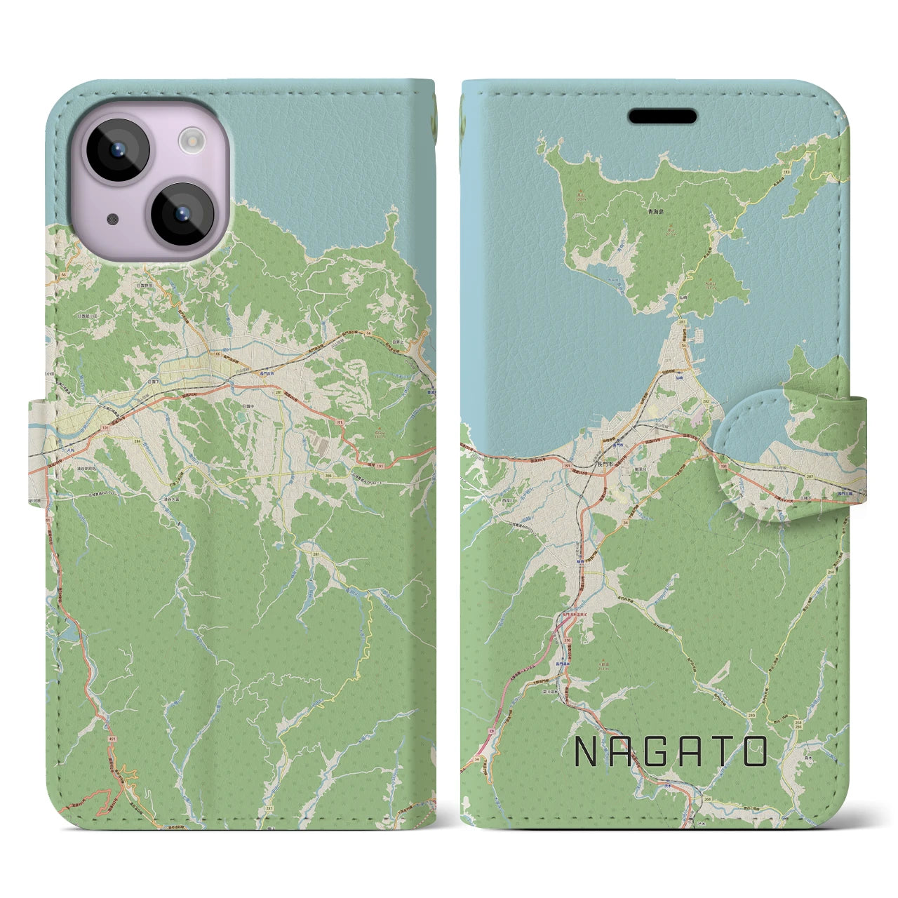 【長門(山口県)】地図柄iPhoneケース(手帳タイプ)ナチュラル・iPhone 14 用