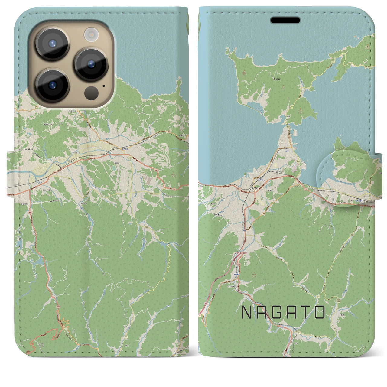 【長門(山口県)】地図柄iPhoneケース(手帳タイプ)ナチュラル・iPhone 14 Pro Max 用