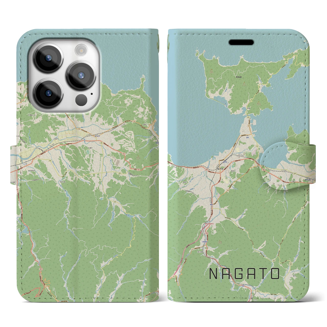 【長門(山口県)】地図柄iPhoneケース(手帳タイプ)ナチュラル・iPhone 14 Pro 用