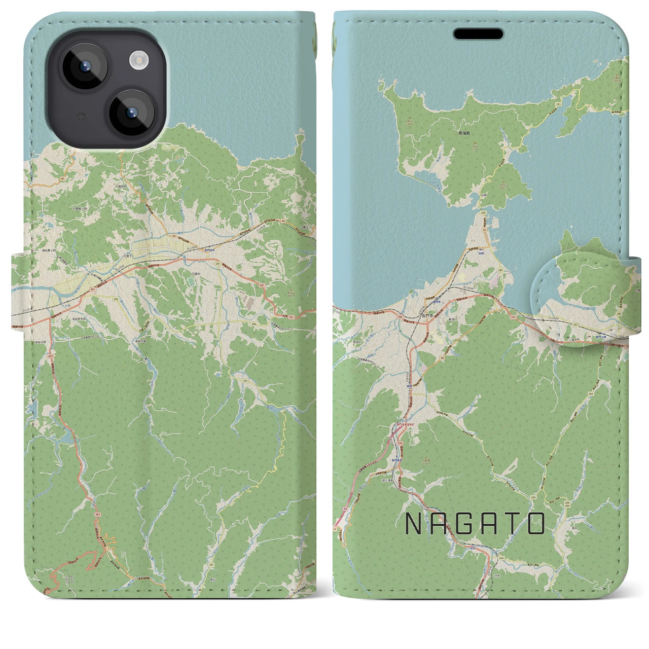 【長門(山口県)】地図柄iPhoneケース(手帳タイプ)ナチュラル・iPhone 14 Plus 用