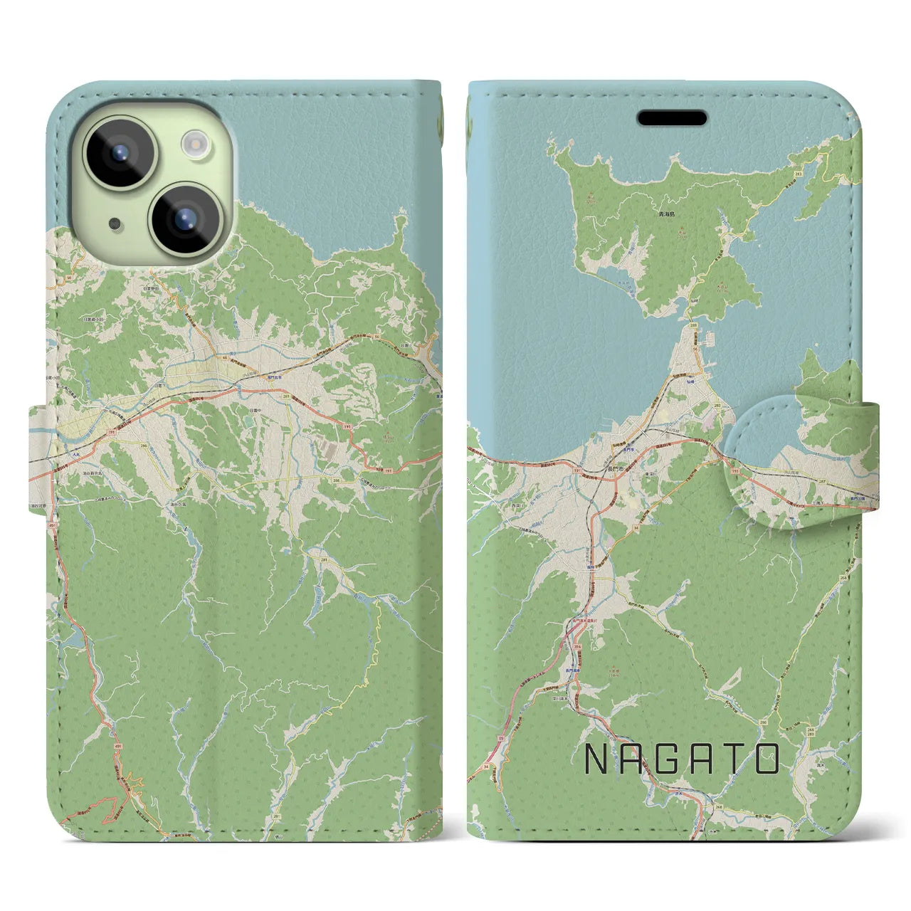 【長門(山口県)】地図柄iPhoneケース(手帳タイプ)ナチュラル・iPhone 15 用