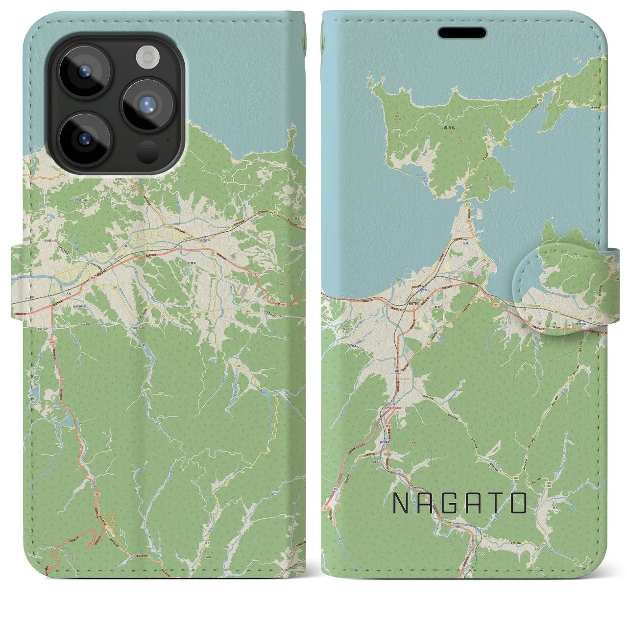 【長門(山口県)】地図柄iPhoneケース(手帳タイプ)ナチュラル・iPhone 15 Pro Max 用