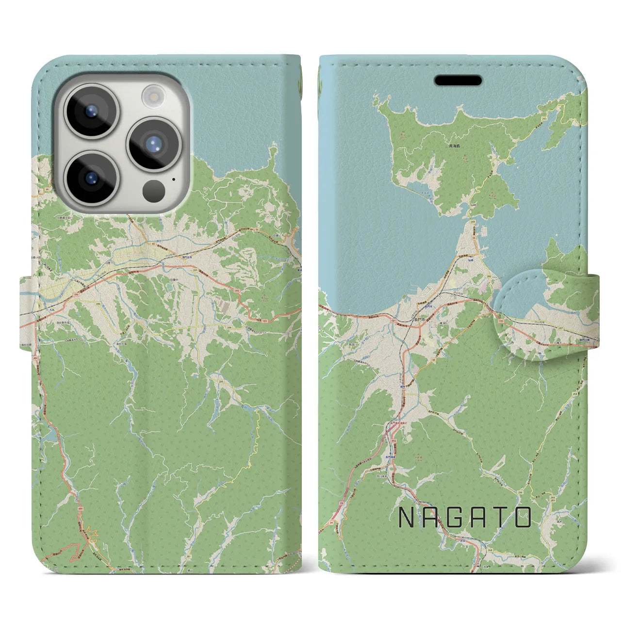 【長門(山口県)】地図柄iPhoneケース(手帳タイプ)ナチュラル・iPhone 15 Pro 用