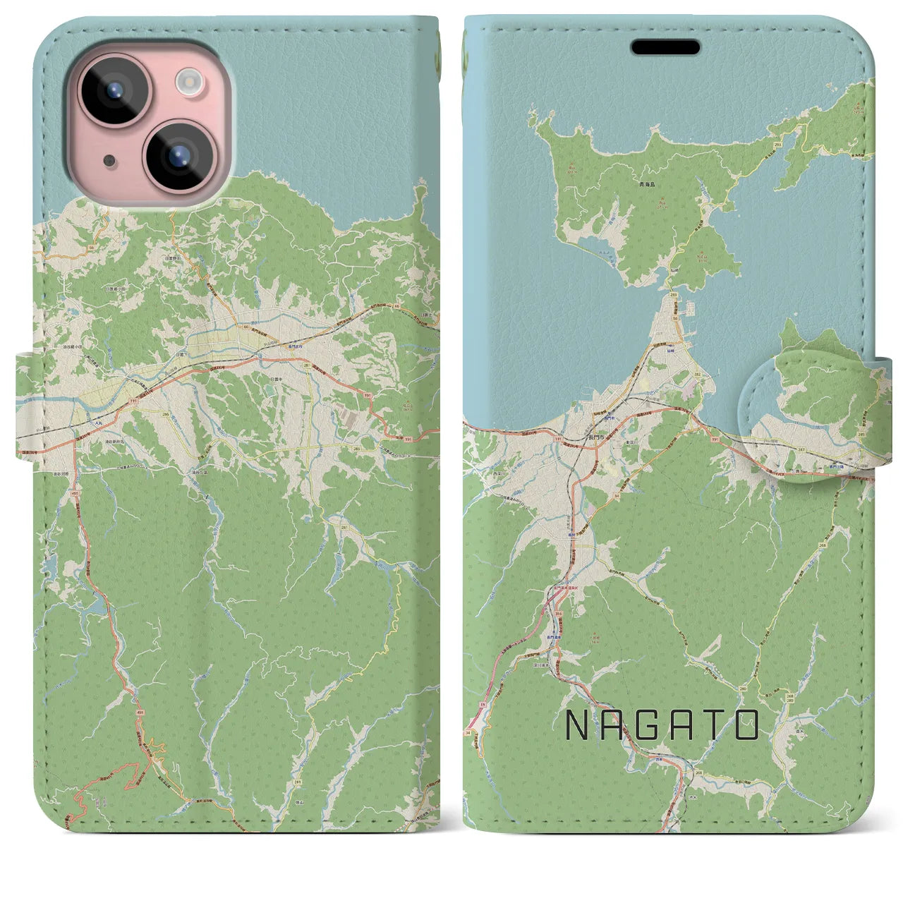 【長門(山口県)】地図柄iPhoneケース(手帳タイプ)ナチュラル・iPhone 15 Plus 用
